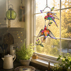 Hummingbird Pair & Red Berry Branch Holographic Acrylic Suncatcher