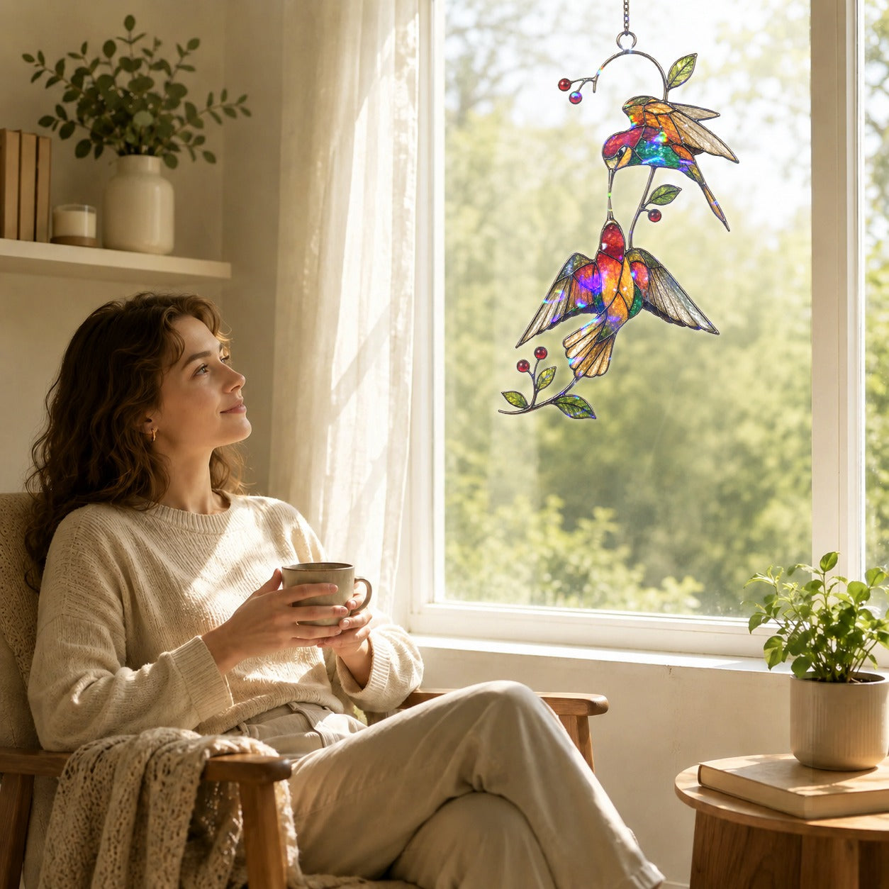 Hummingbird Pair & Red Berry Branch Holographic Acrylic Suncatcher