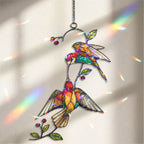 Hummingbird Pair & Red Berry Branch Holographic Acrylic Suncatcher