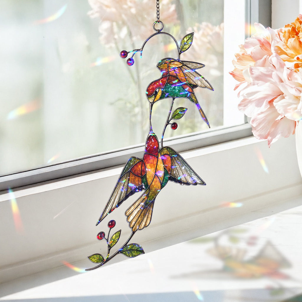 Hummingbird Pair & Red Berry Branch Holographic Acrylic Suncatcher