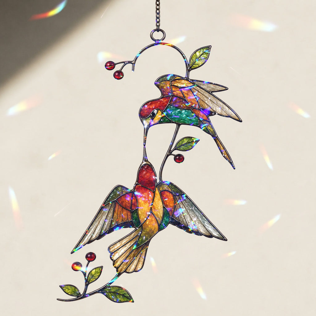 Hummingbird Pair & Red Berry Branch Holographic Acrylic Suncatcher