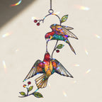 Hummingbird Pair & Red Berry Branch Holographic Acrylic Suncatcher