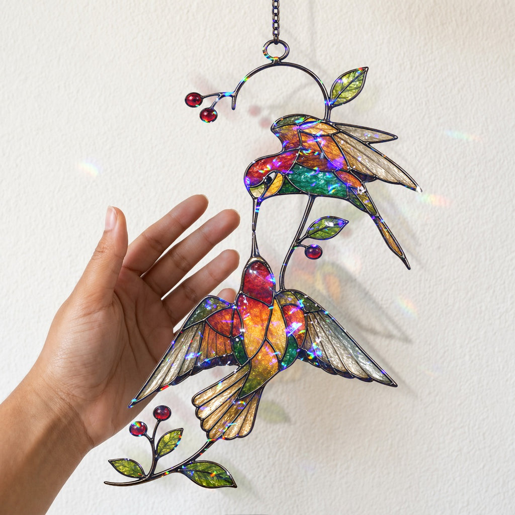 Hummingbird Pair & Red Berry Branch Holographic Acrylic Suncatcher