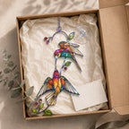 Hummingbird Pair & Red Berry Branch Holographic Acrylic Suncatcher