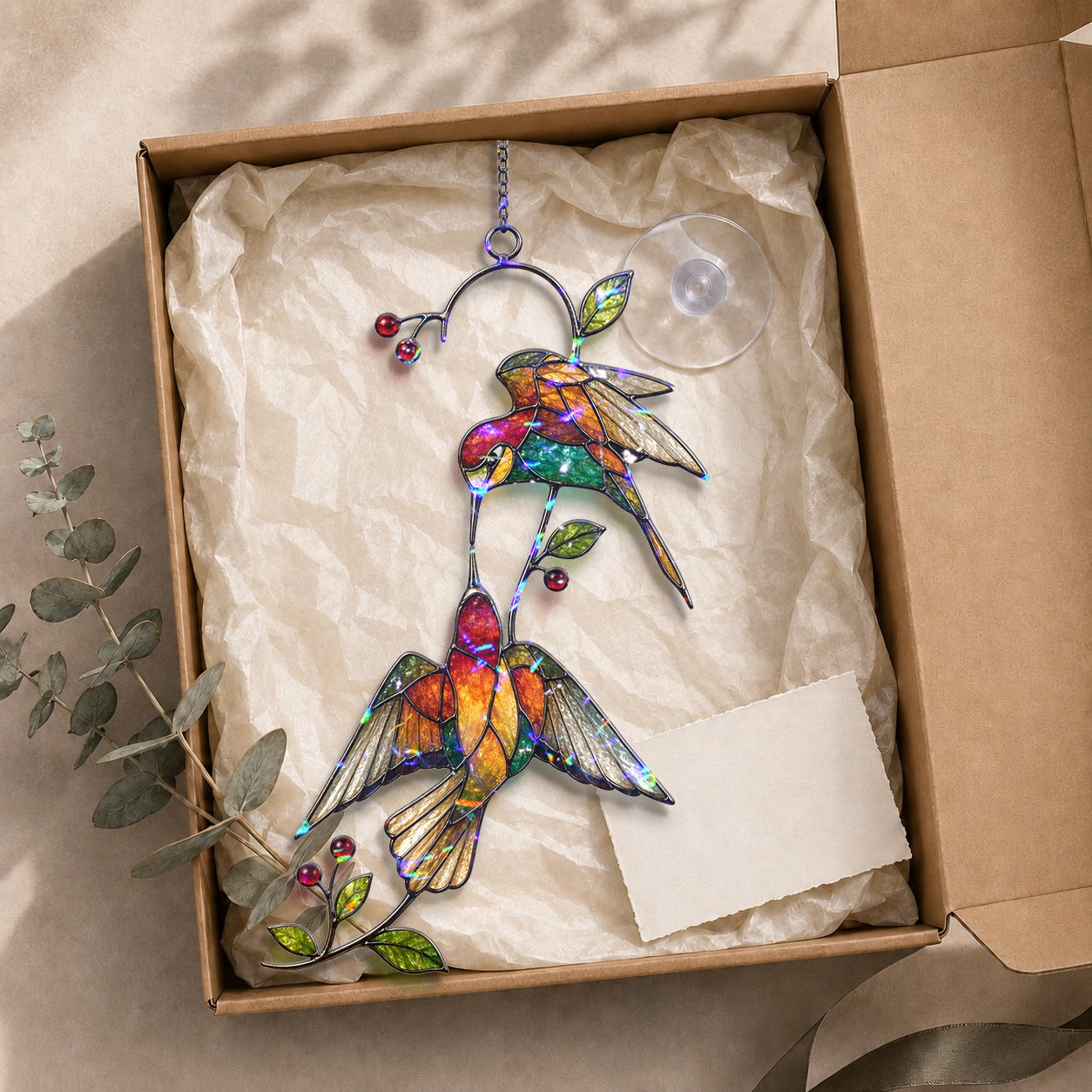 Hummingbird Pair & Red Berry Branch Holographic Acrylic Suncatcher