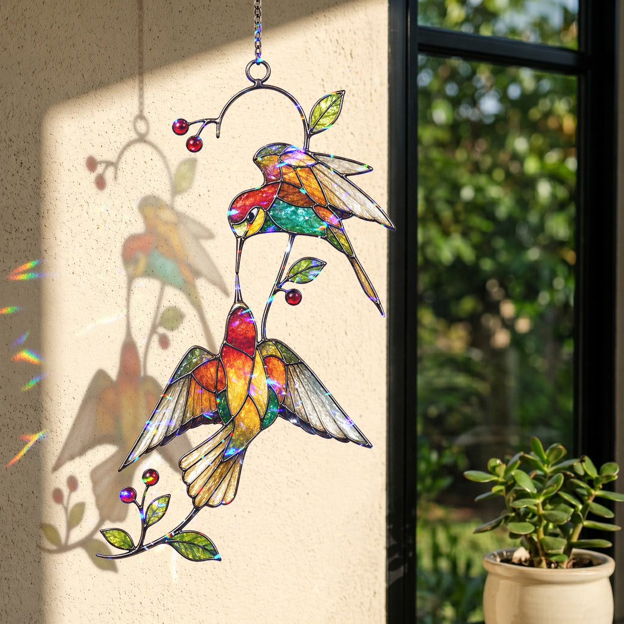 Hummingbird Pair & Red Berry Branch Holographic Acrylic Suncatcher