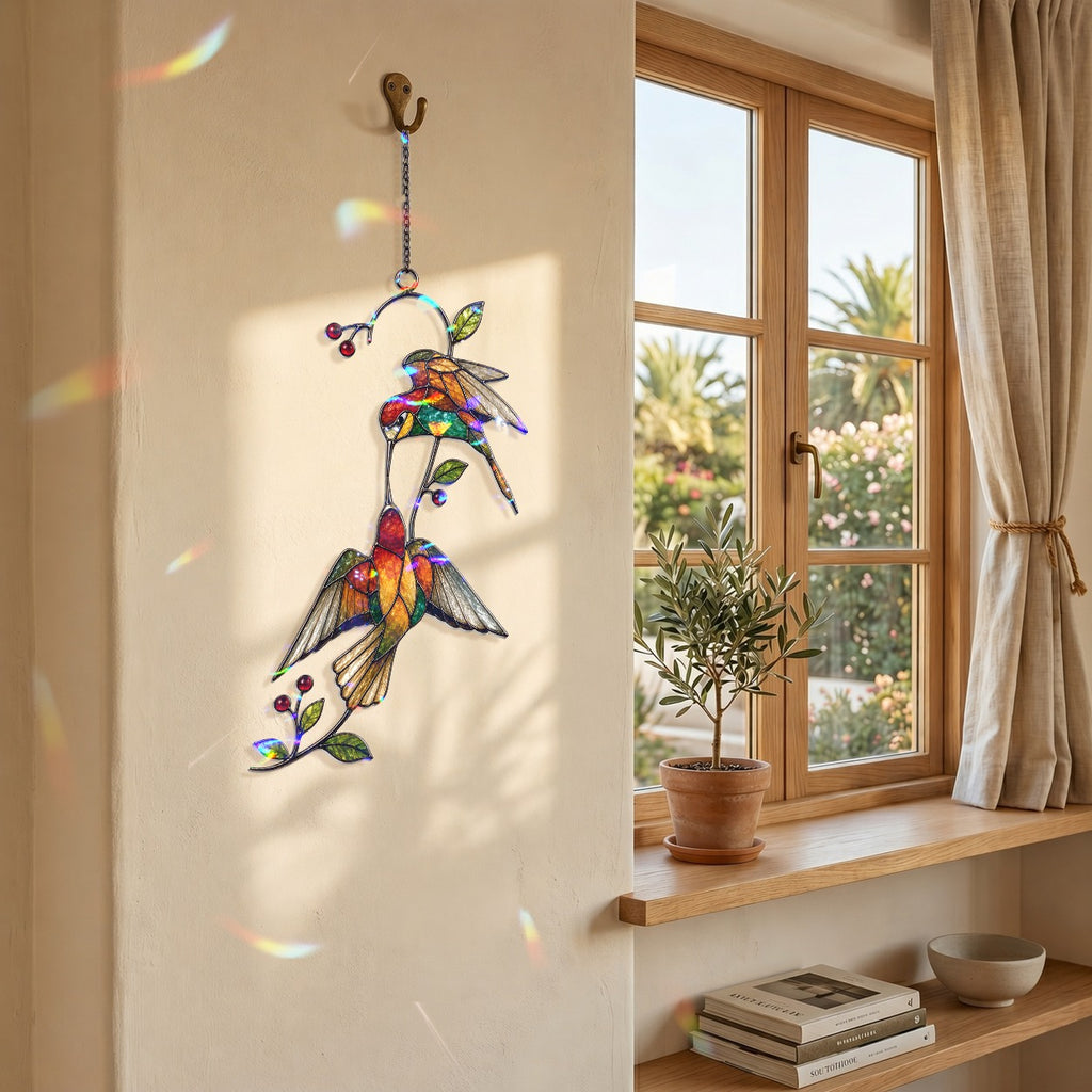 Hummingbird Pair & Red Berry Branch Holographic Acrylic Suncatcher