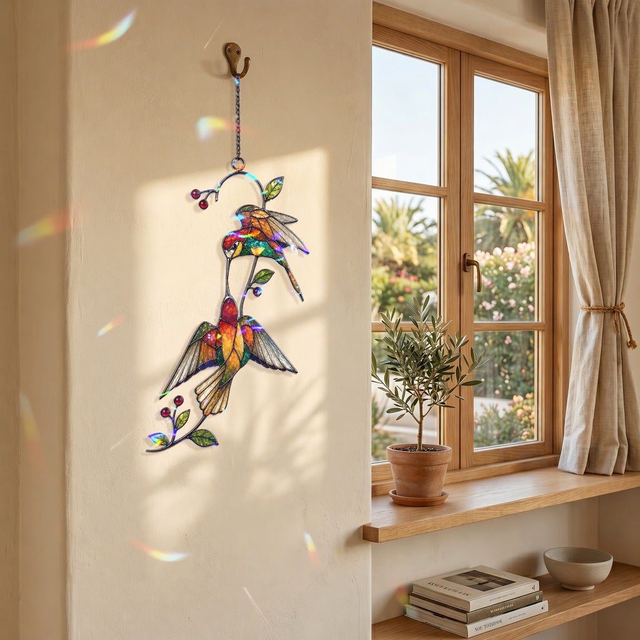 Hummingbird Pair & Red Berry Branch Holographic Acrylic Suncatcher