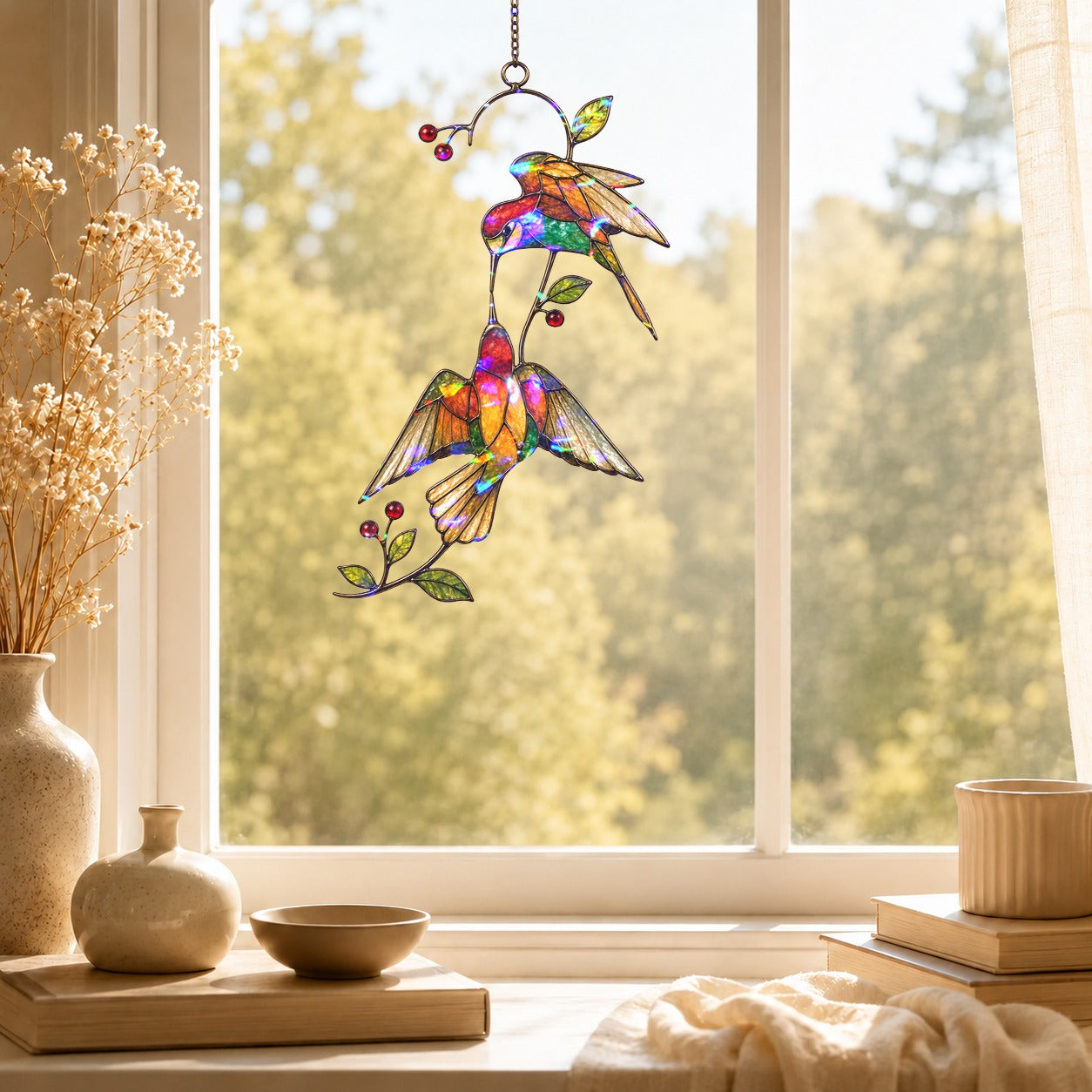 Hummingbird Pair & Red Berry Branch Holographic Acrylic Suncatcher