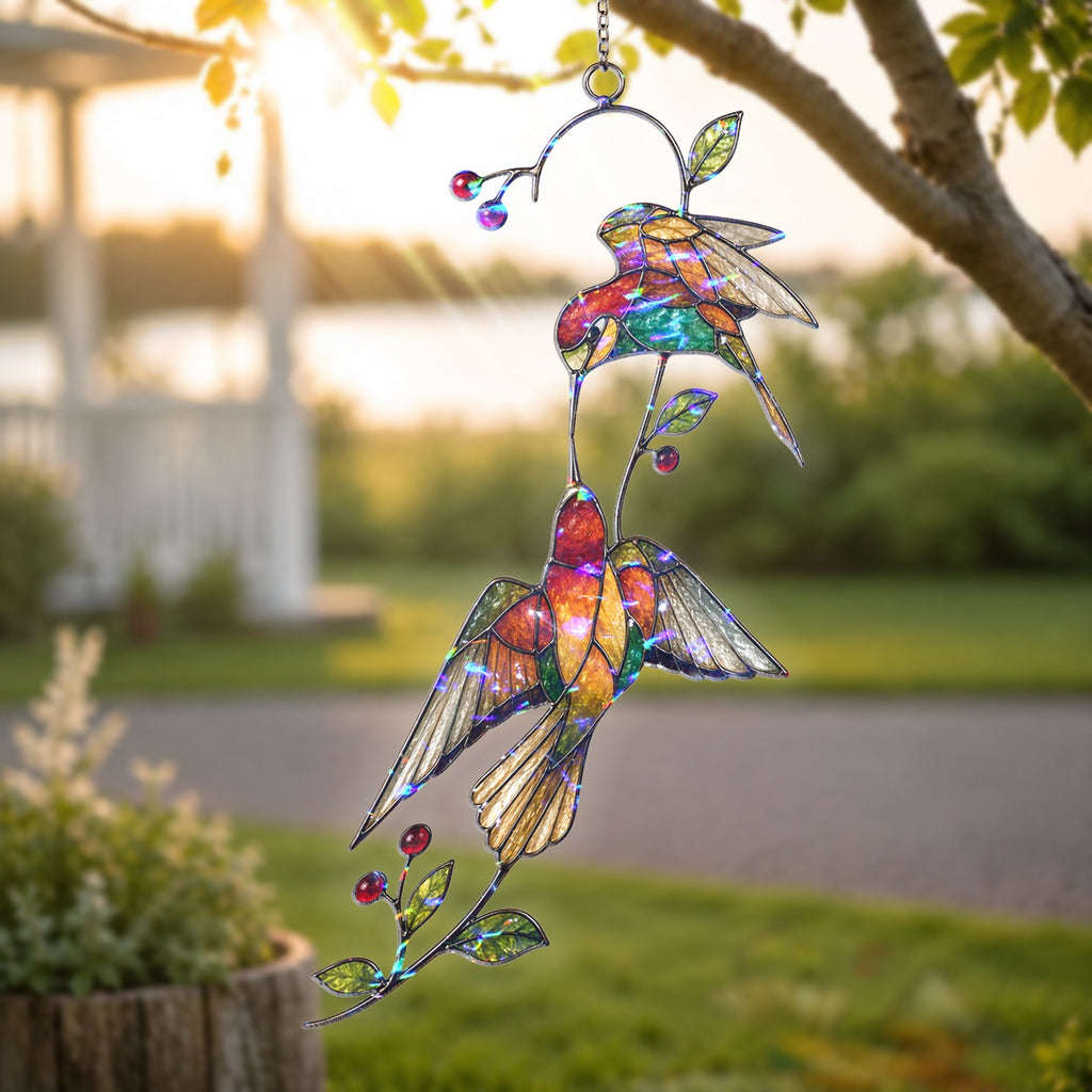 Hummingbird Pair & Red Berry Branch Holographic Acrylic Suncatcher