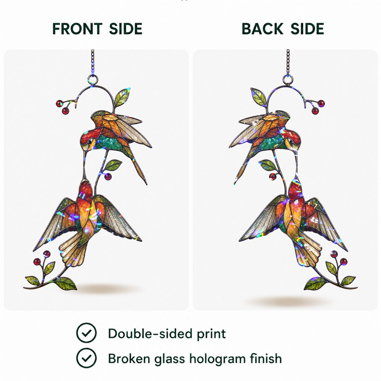 Hummingbird Pair & Red Berry Branch Holographic Acrylic Suncatcher