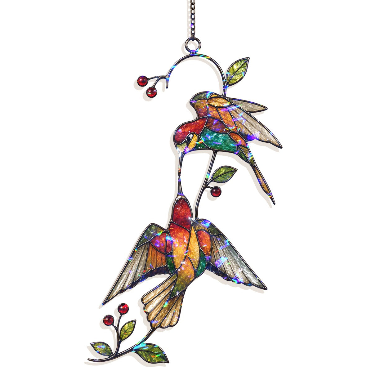 Hummingbird Pair & Red Berry Branch Holographic Acrylic Suncatcher