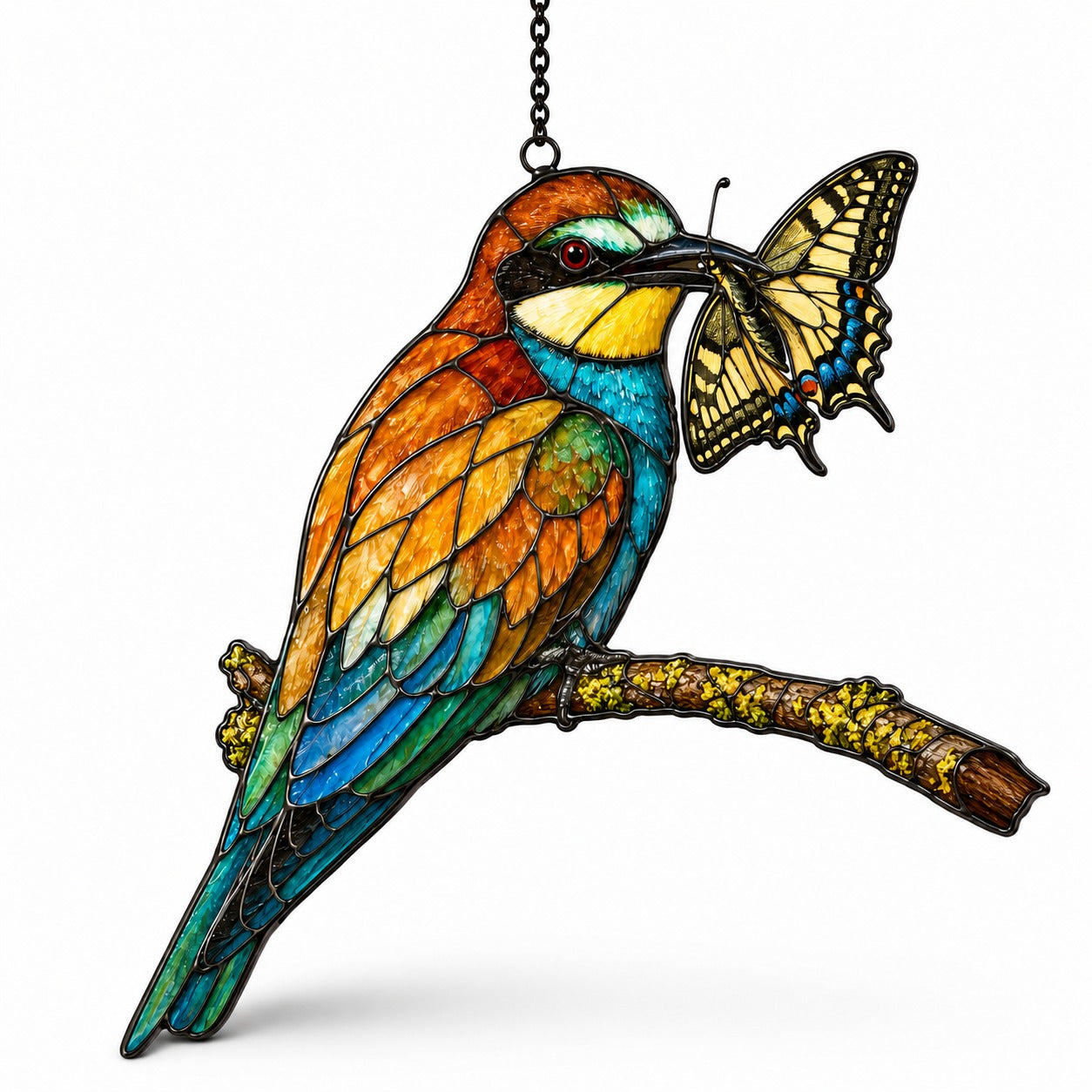Stained glass style suncatcher with a colorful bee-eater and a yellow swallowtail butterfly on a branch, hanging in a sunlit window with rainbow light