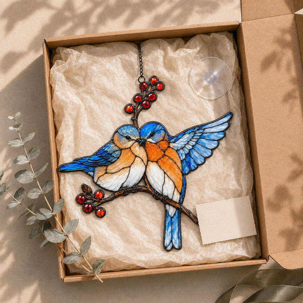 Stained glass style suncatcher with two bluebirds on a branch of red berries, hanging in a sunlit window with rainbow light