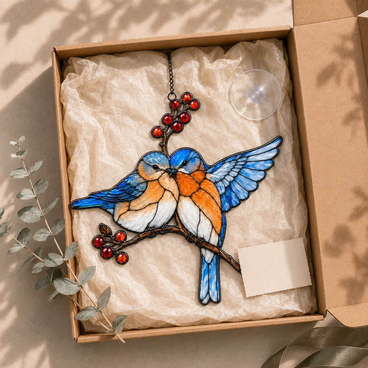 Stained glass style suncatcher with two bluebirds on a branch of red berries, hanging in a sunlit window with rainbow light