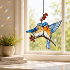 Bluebird Pair & Red Berry Branch Holographic Acrylic Suncatcher