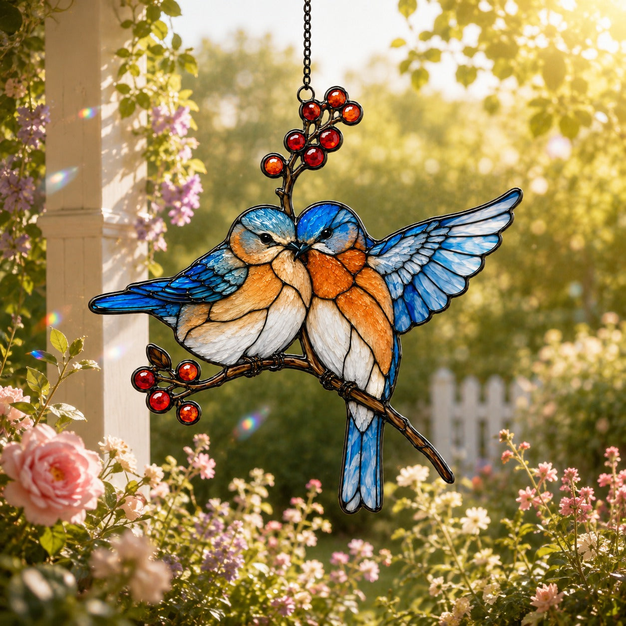 Bluebird Pair & Red Berry Branch Holographic Acrylic Suncatcher