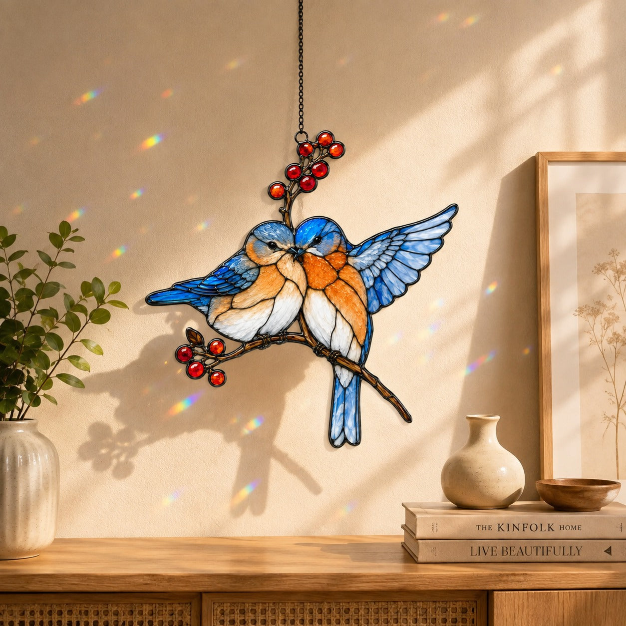 Bluebird Pair & Red Berry Branch Holographic Acrylic Suncatcher