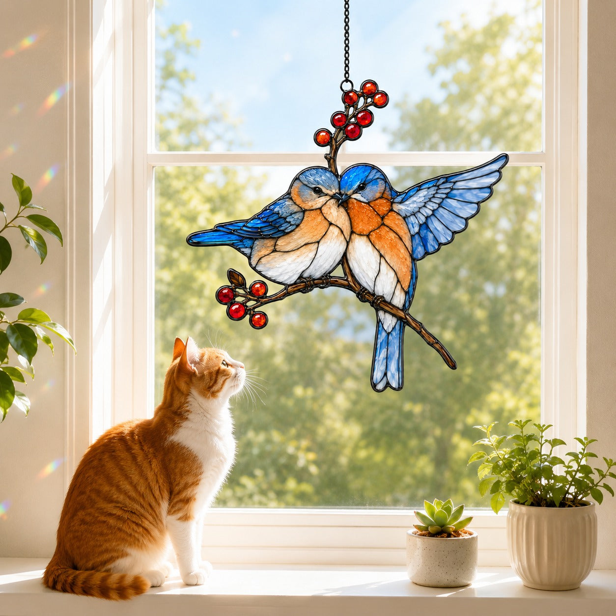 Bluebird Pair & Red Berry Branch Holographic Acrylic Suncatcher