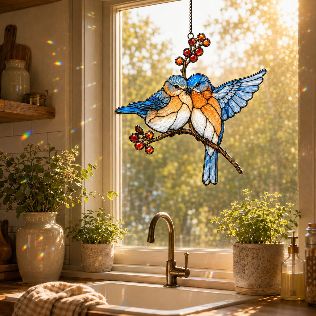 Bluebird Pair & Red Berry Branch Holographic Acrylic Suncatcher