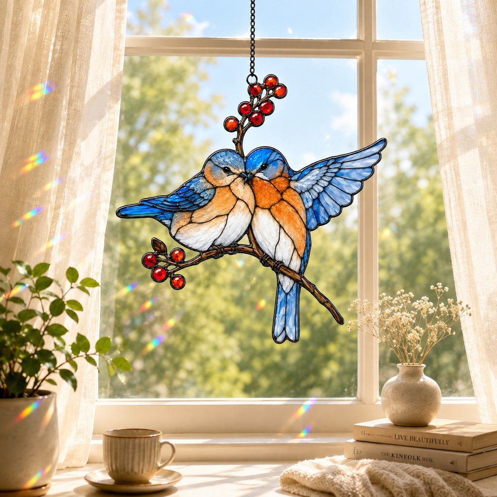 Bluebird Pair & Red Berry Branch Holographic Acrylic Suncatcher