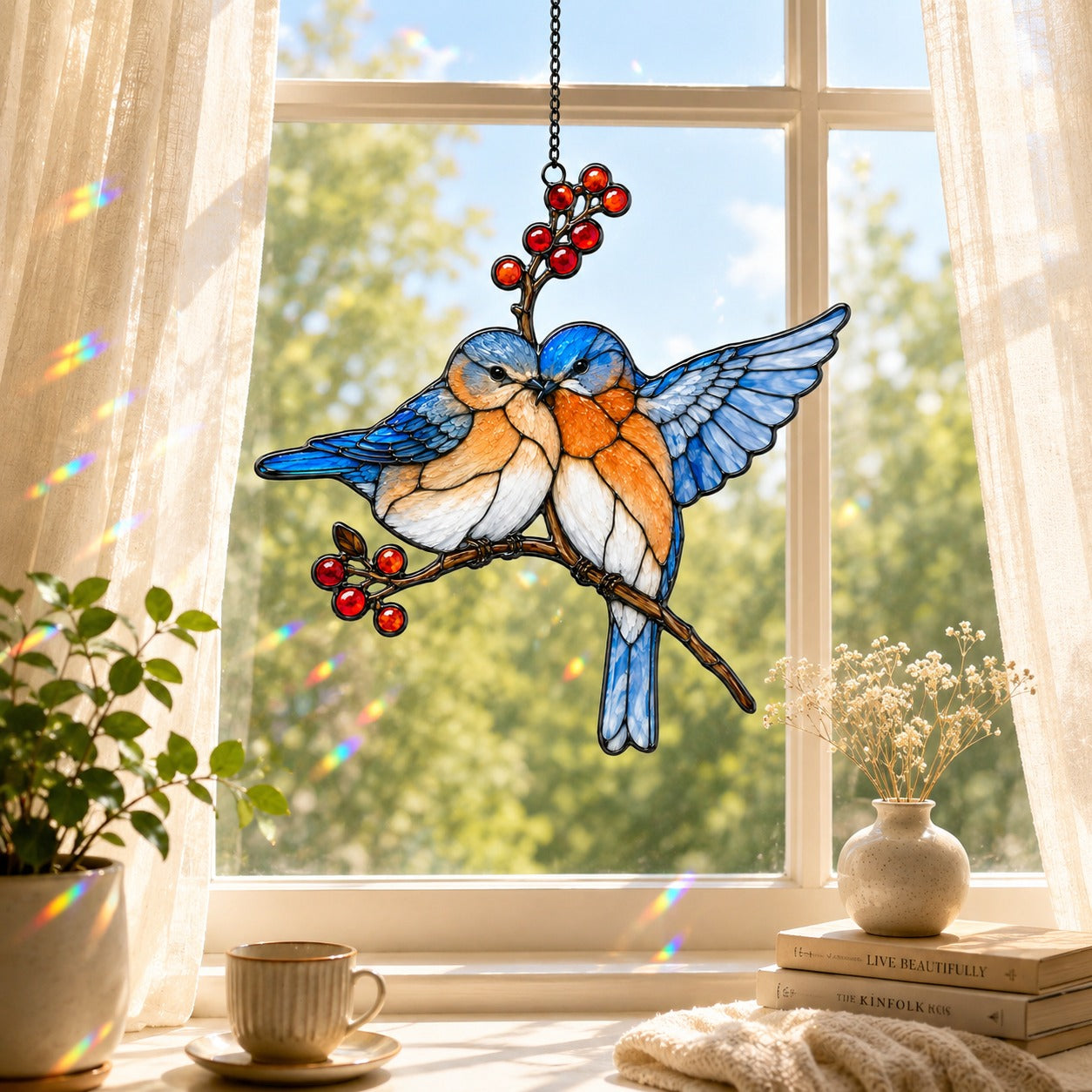 Bluebird Pair & Red Berry Branch Holographic Acrylic Suncatcher
