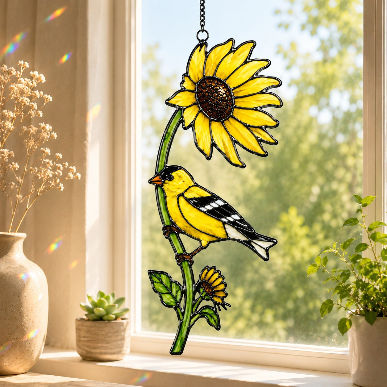 Stained glass style suncatcher with an American goldfinch on a sunflower stem, hanging in a sunlit window with rainbow light