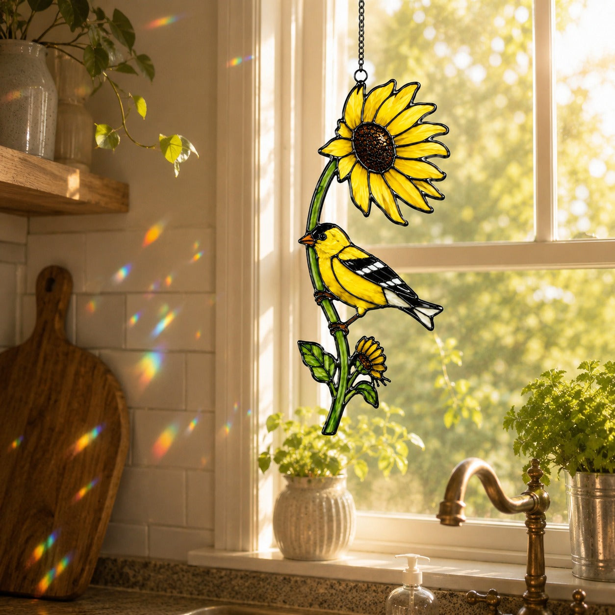 American Goldfinch & Sunflower Holographic Acrylic Suncatcher
