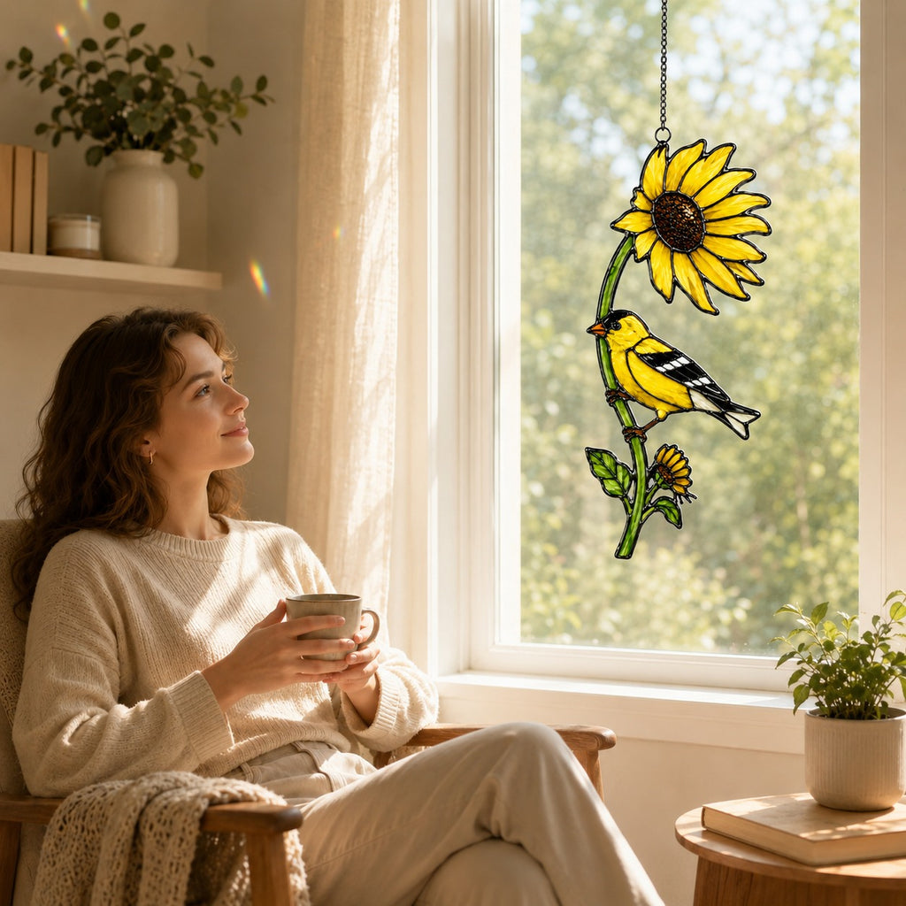 American Goldfinch & Sunflower Holographic Acrylic Suncatcher