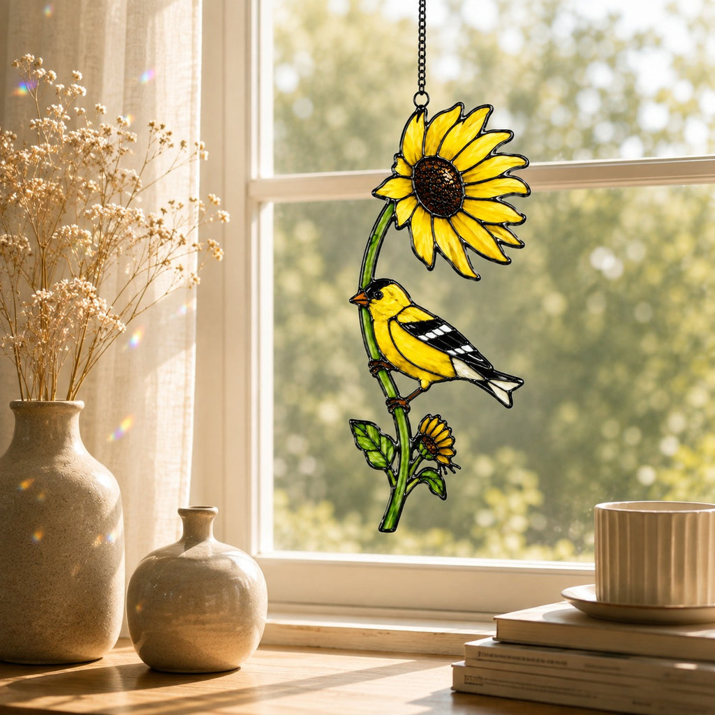 American Goldfinch & Sunflower Holographic Acrylic Suncatcher