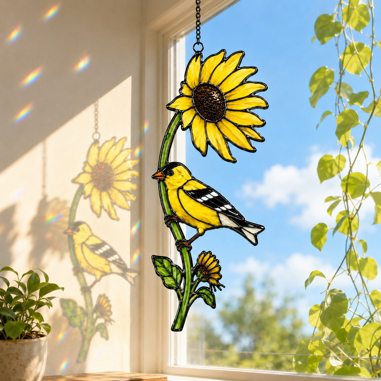 American Goldfinch & Sunflower Holographic Acrylic Suncatcher