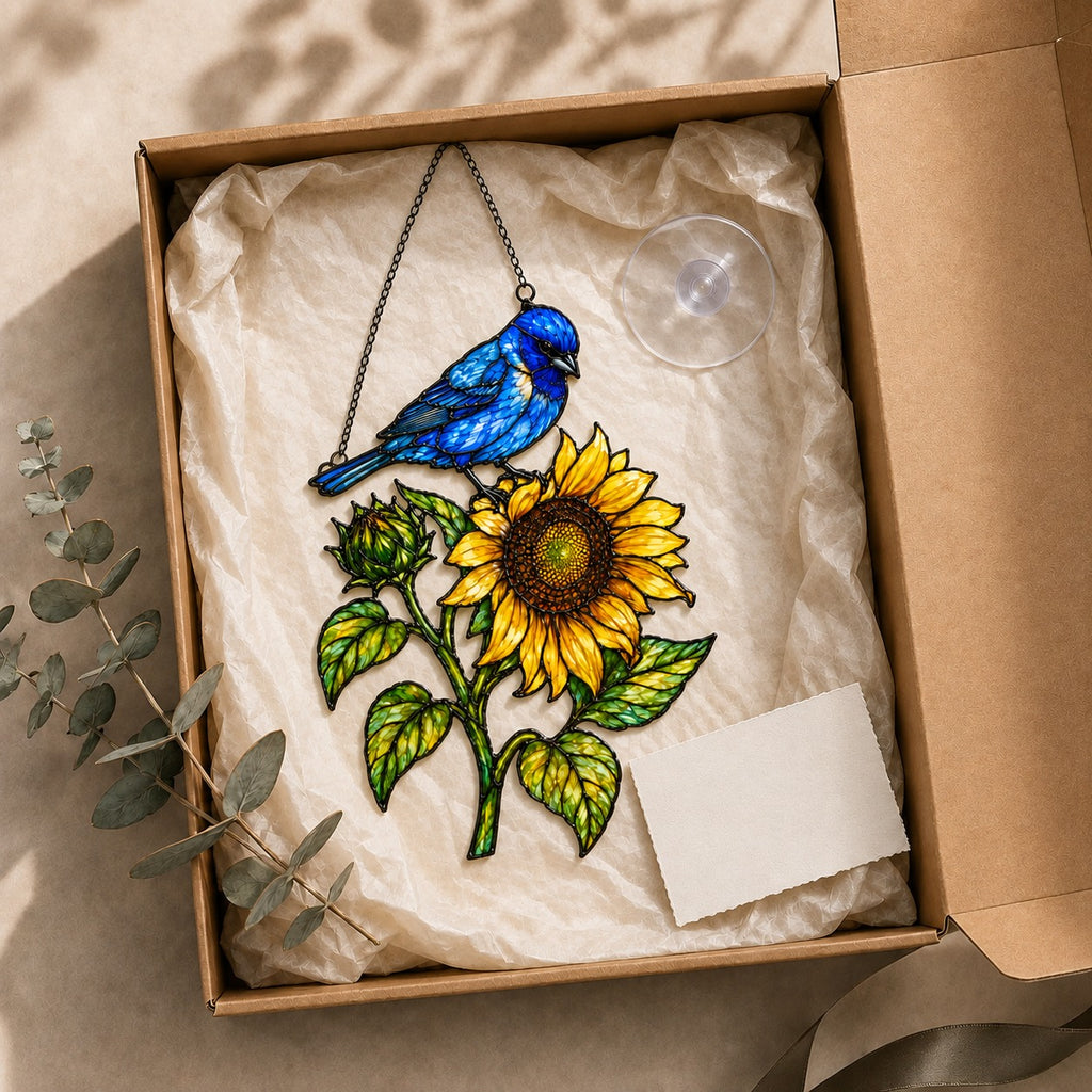 Stained glass style suncatcher with a blue indigo bunting on a sunflower, hanging in a sunlit window with rainbow light
