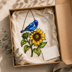 Stained glass style suncatcher with a blue indigo bunting on a sunflower, hanging in a sunlit window with rainbow light