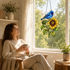 Indigo Bunting & Sunflower Holographic Acrylic Suncatcher