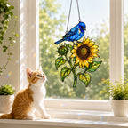 Indigo Bunting & Sunflower Holographic Acrylic Suncatcher