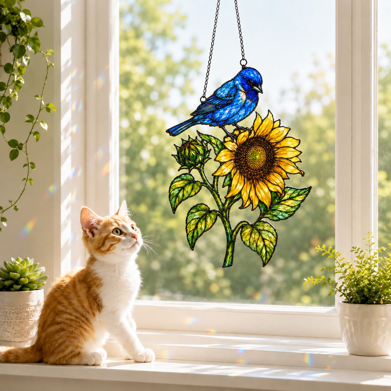 Indigo Bunting & Sunflower Holographic Acrylic Suncatcher
