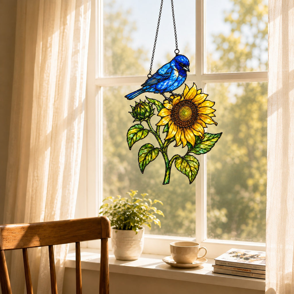Indigo Bunting & Sunflower Holographic Acrylic Suncatcher