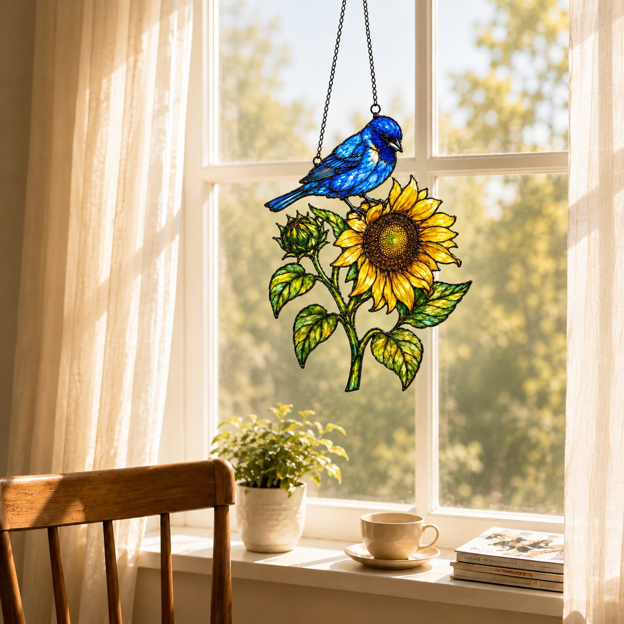 Indigo Bunting & Sunflower Holographic Acrylic Suncatcher