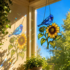 Indigo Bunting & Sunflower Holographic Acrylic Suncatcher