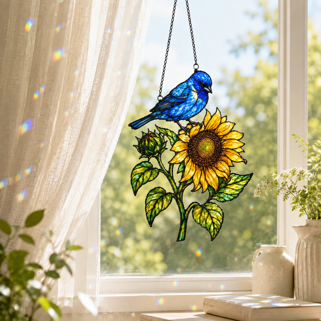 Indigo Bunting & Sunflower Holographic Acrylic Suncatcher