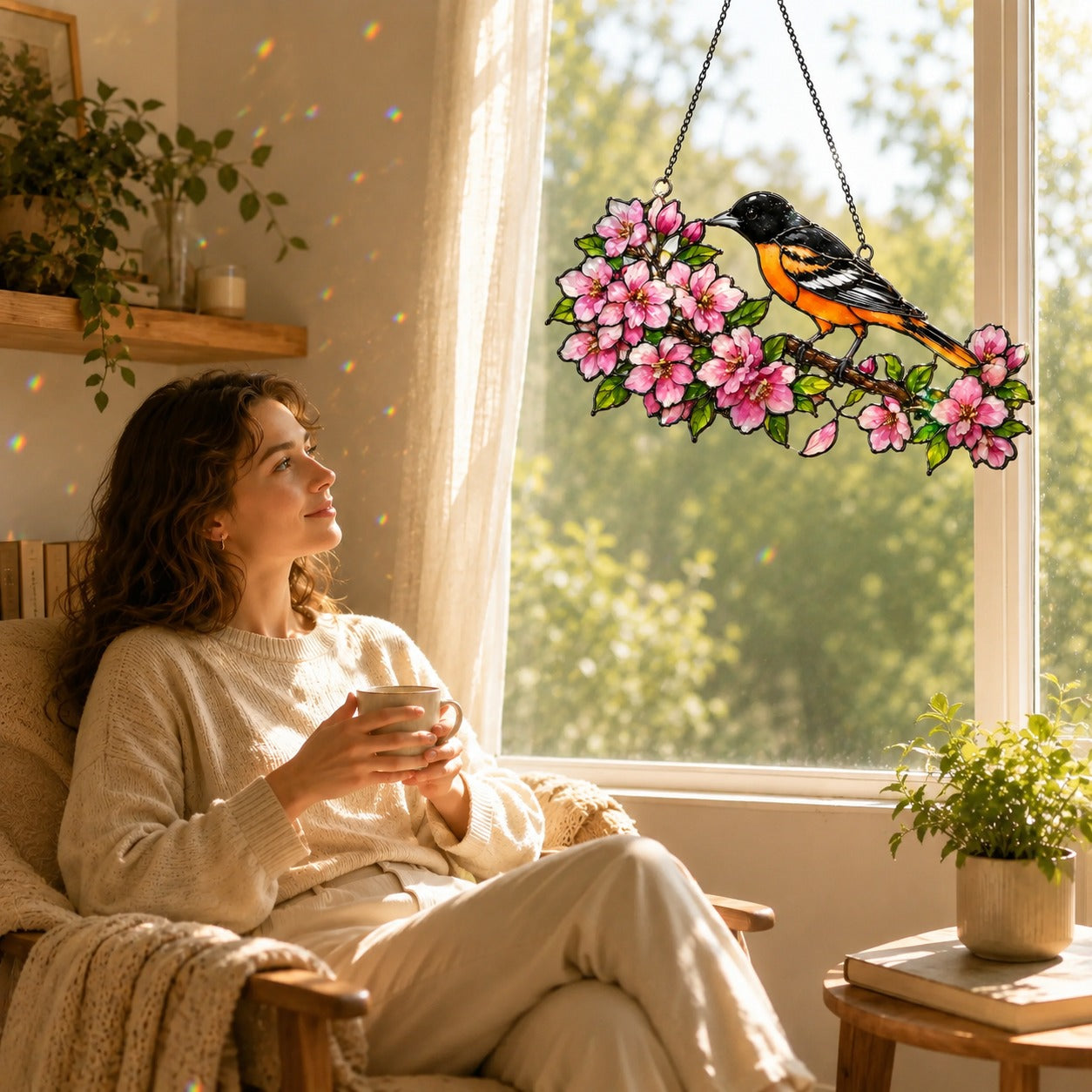 Stained glass style suncatcher with a Baltimore oriole on a cherry blossom branch, hanging in a sunlit window with rainbow light