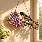 Baltimore Oriole & Cherry Blossom Branch Holographic Acrylic Suncatcher