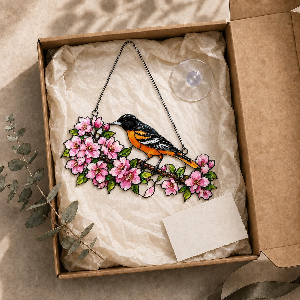 Baltimore Oriole & Cherry Blossom Branch Holographic Acrylic Suncatcher