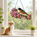 Baltimore Oriole & Cherry Blossom Branch Holographic Acrylic Suncatcher