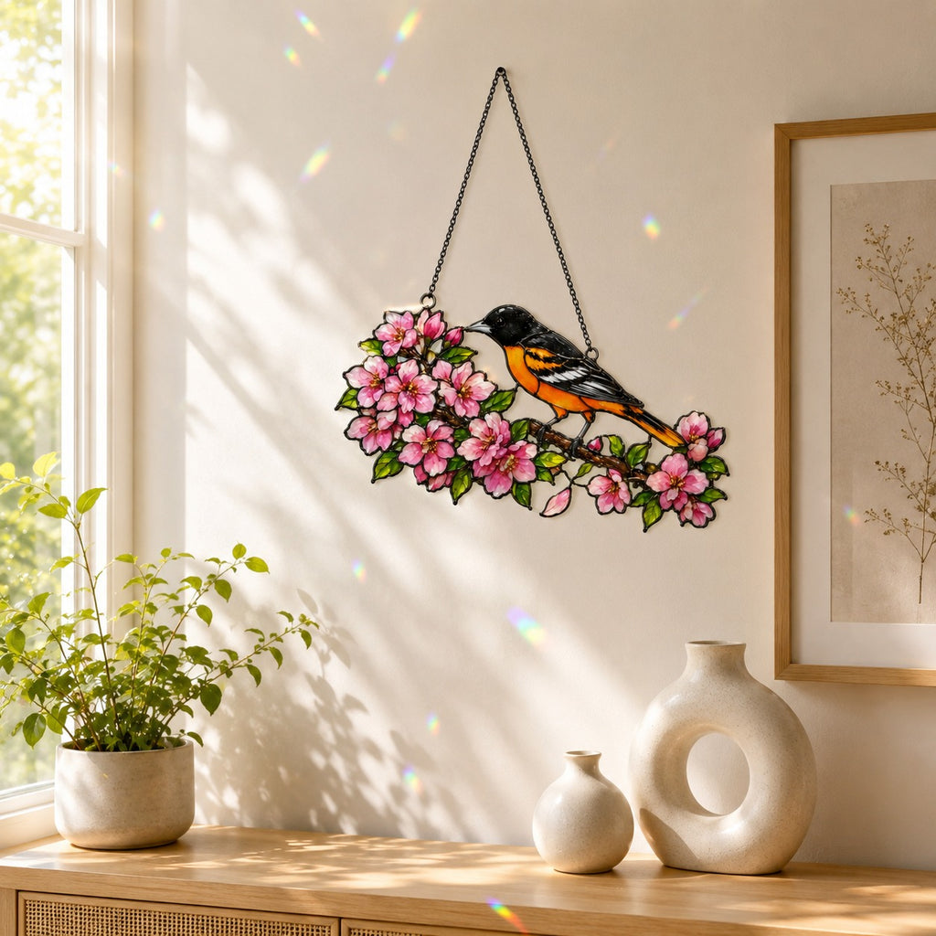 Baltimore Oriole & Cherry Blossom Branch Holographic Acrylic Suncatcher
