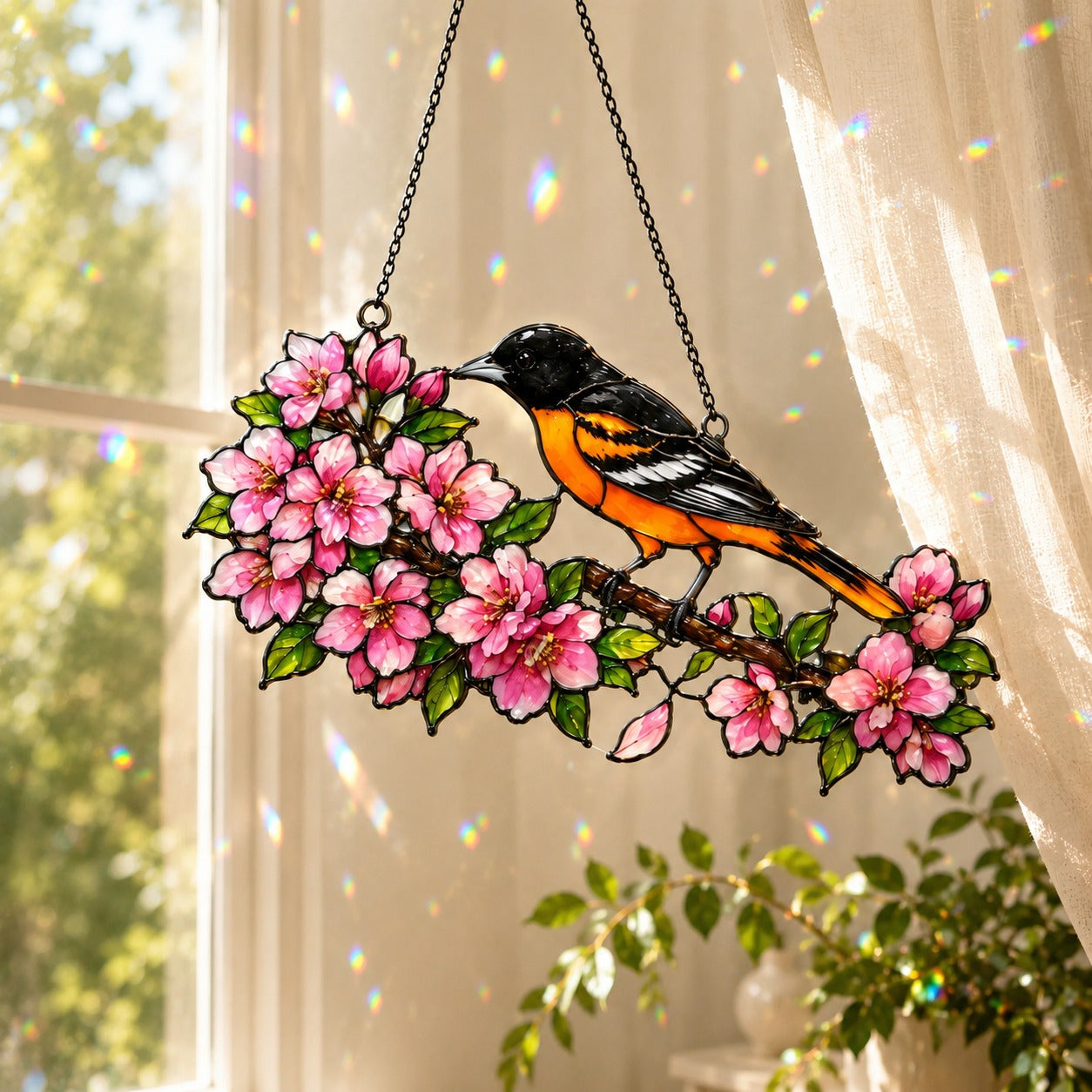 Baltimore Oriole & Cherry Blossom Branch Holographic Acrylic Suncatcher