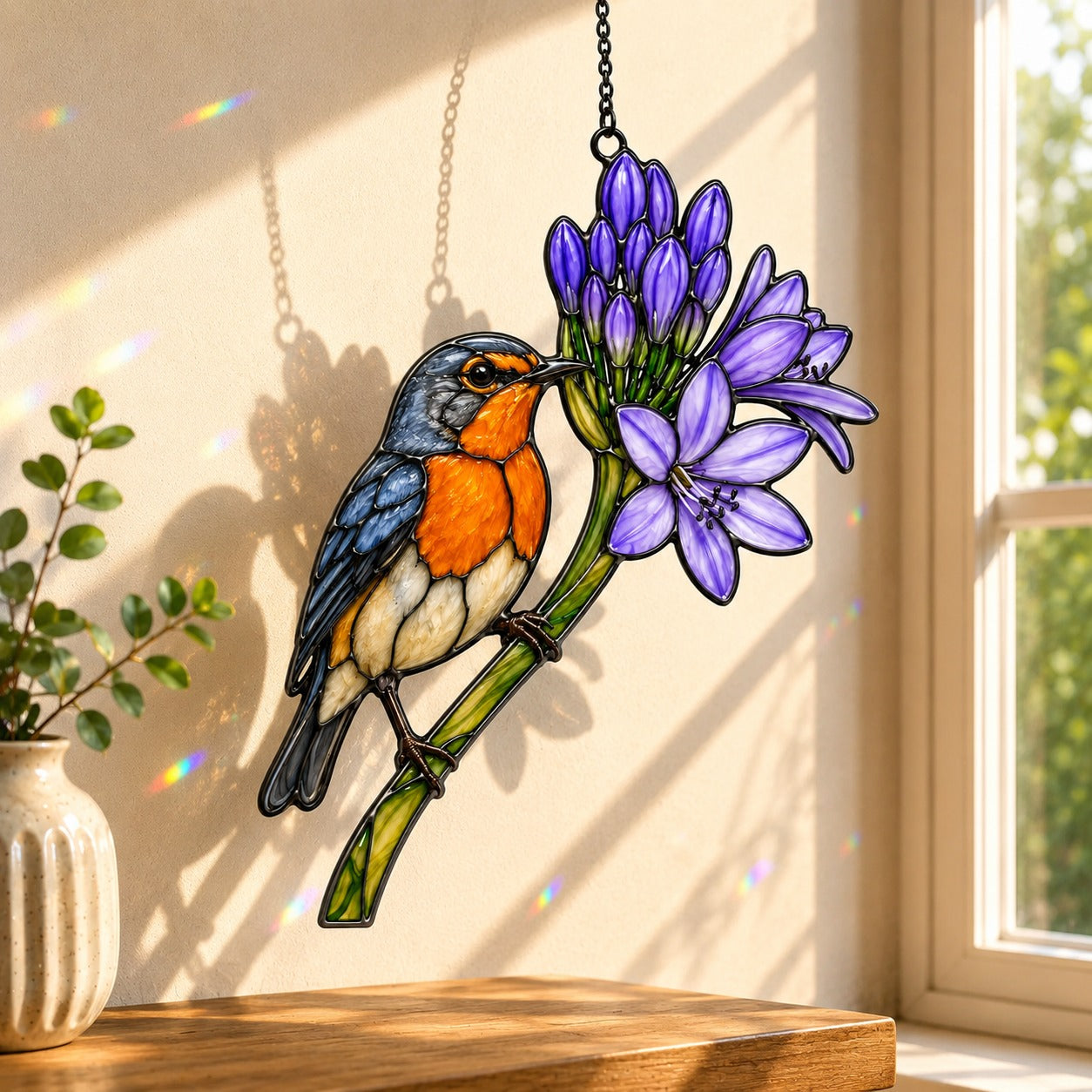 Stained glass style suncatcher with a bluebird beside purple agapanthus flowers, hanging in a sunlit window with rainbow light