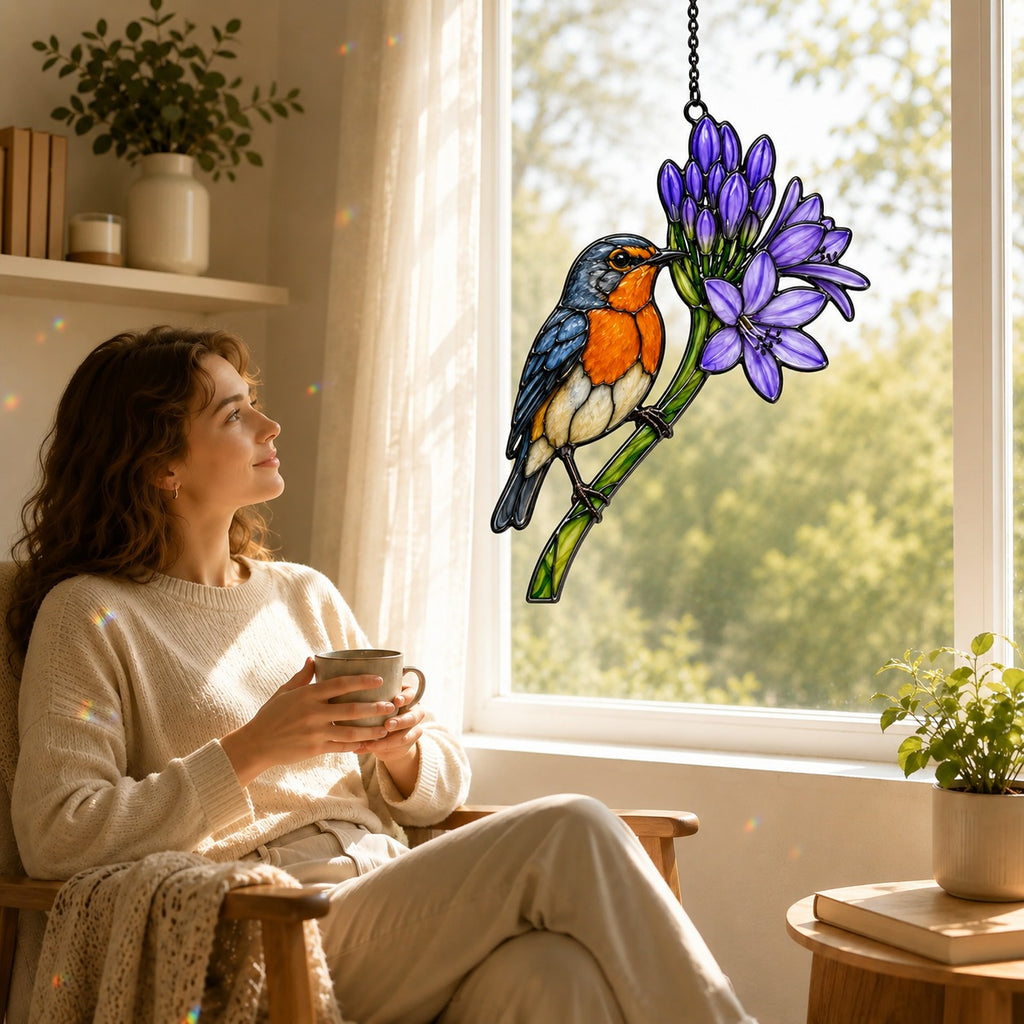 Bluebird & Purple Agapanthus Holographic Acrylic Suncatcher