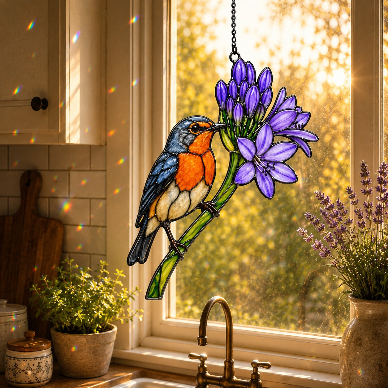 Bluebird & Purple Agapanthus Holographic Acrylic Suncatcher