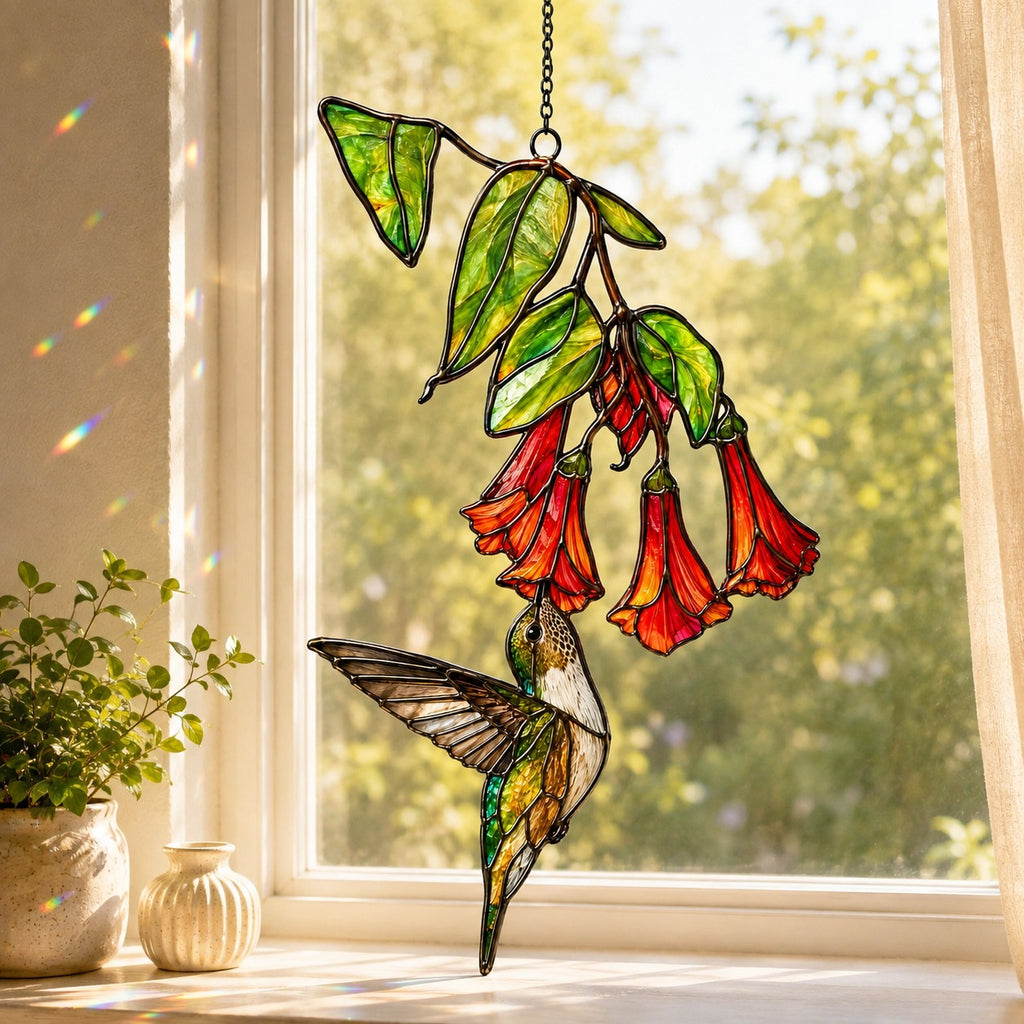 Stained glass style suncatcher with a hummingbird under hanging red trumpet flowers, hanging in a sunlit window with rainbow light